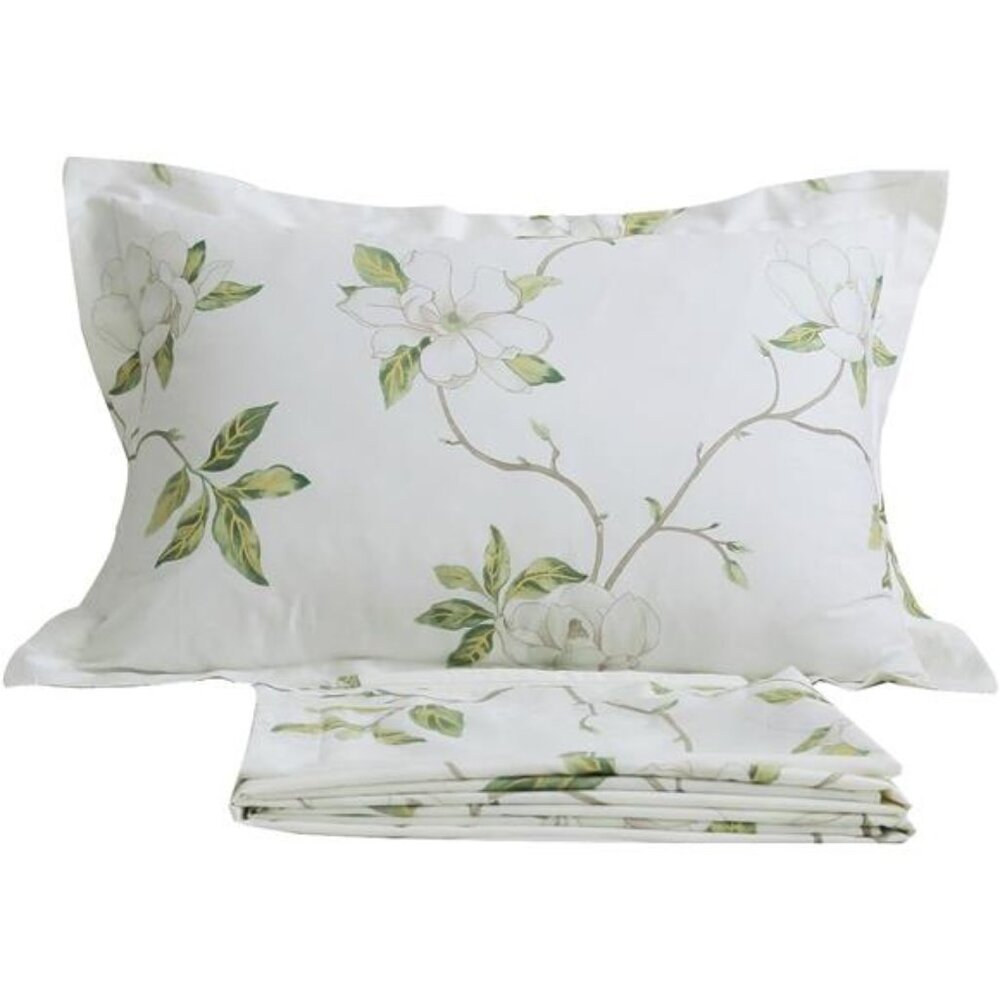 Floral 4 Piece Bed Sheet Set 100% Cotton Deep Pocket (Queen, RainkissedLeaves)